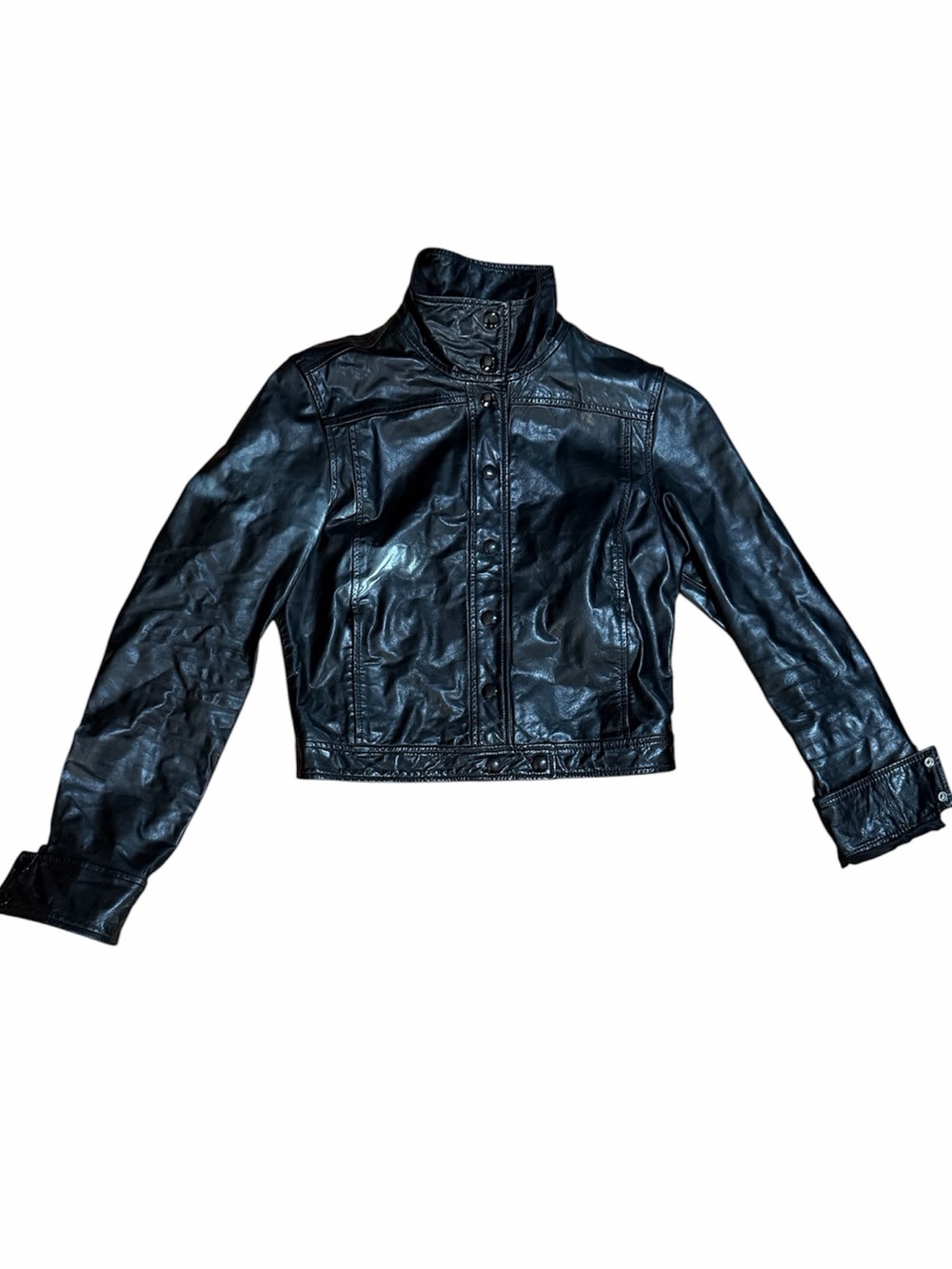 Club Monaco Black Faux Leather Snap Front High Neck Jacket S